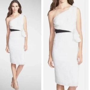 NWT Vera Wang‎ One Shoulder White Midi Dress with Black Satin Sash Sz 8